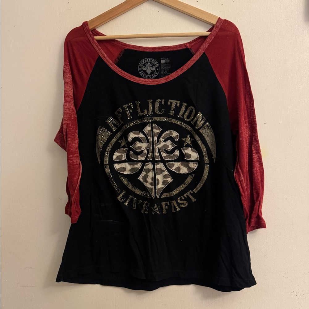 Affliction Women's Red and Black Long Sleeve Tee